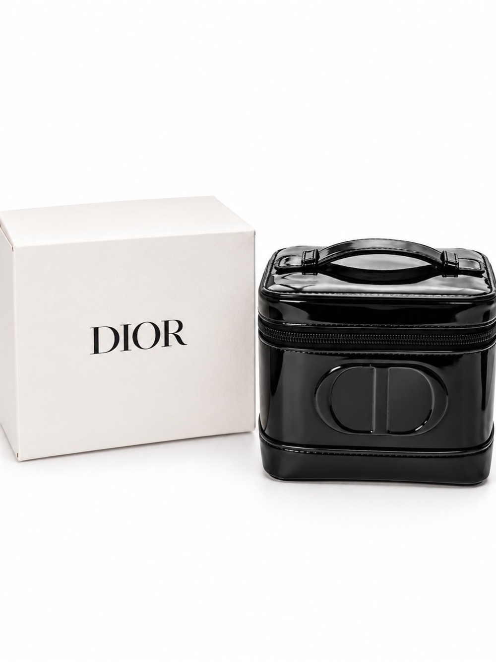 Dior Black Patent Leather Vanity Case with Top Handle